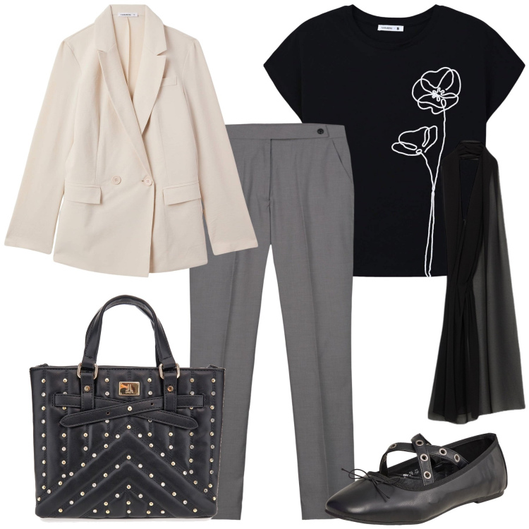 Outfit donna - Si torna agli uffici. Stile Urban per Tutti i giorni. Abbinamento con blazer, ballerine, t-shirt, borse a mano, pantaloni, stole.