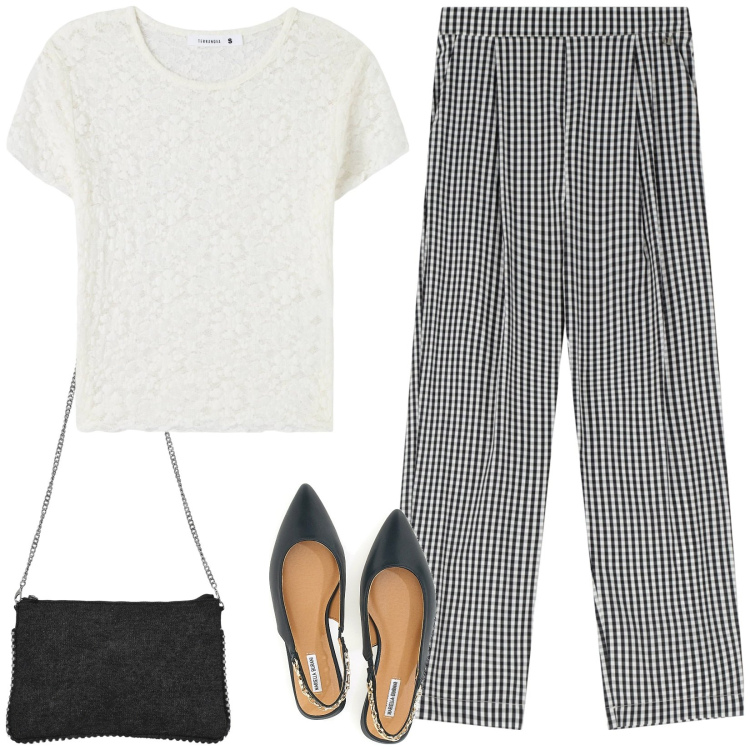 Outfit donna - Pantaloni a quadretti. Stile Casual chic per Tutti i giorni. Abbinamento con t-shirt, borse a tracolla, pantaloni, ballerine.