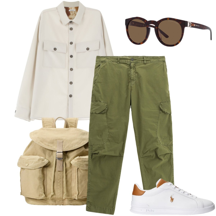 Outfit uomo - Safari urbano. Stile Trendy per Tutti i giorni. Abbinamento con camicie, pantaloni cargo, sneakers, occhiali da sole, borse sportive.