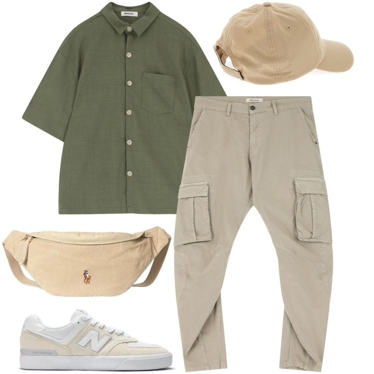 Outfit uomo - Safari in chiave metropolitana. Stile Urban per Tutti i giorni. Abbinamento con sneakers, camicie a manica corta, pantaloni cargo, borse sportive, cappelli.