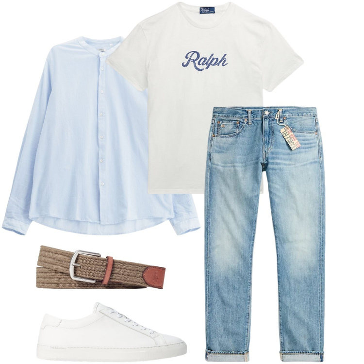 Outfit uomo - Smart layering di mezza stagione. Stile Urban per Ufficio. Abbinamento con camicie, cinture, t-shirt, sneakers, jeans slim fit.