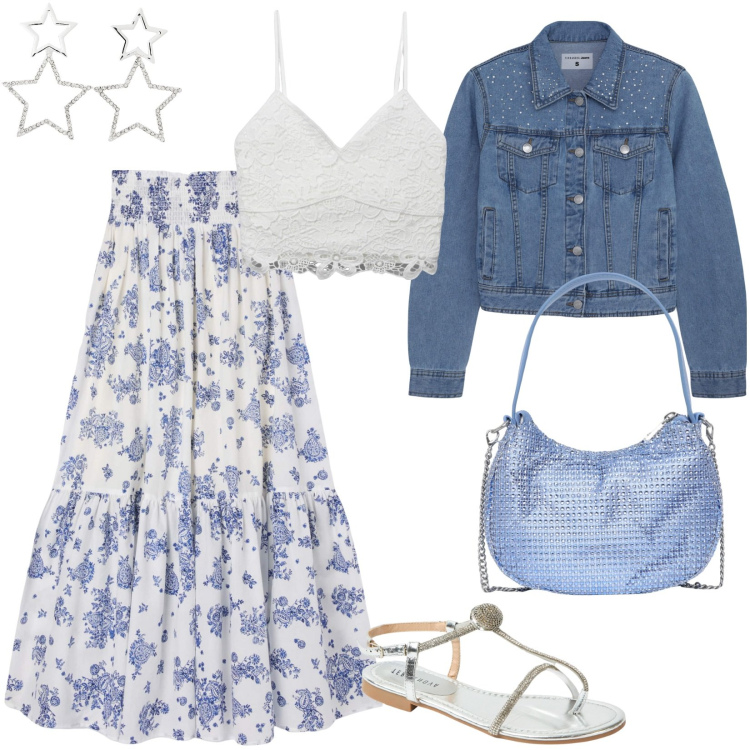 Outfit donna - Vacanze italiane. Stile Romantica per Tutti i giorni. Abbinamento con canottiere, orecchini, gonne lunghe, ciabatte, cappotti, borse a spalla.