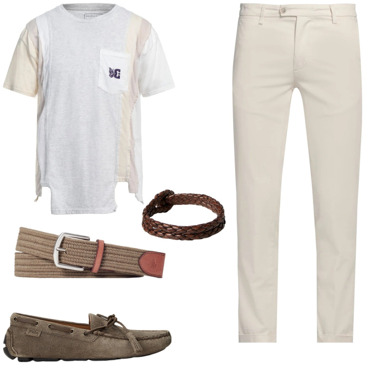 Outfit uomo - Nuance pastello. Stile Casual per Tutti i giorni. Abbinamento con pantaloni chino, t-shirt, scarpe stringate, cinture, braccialetti.