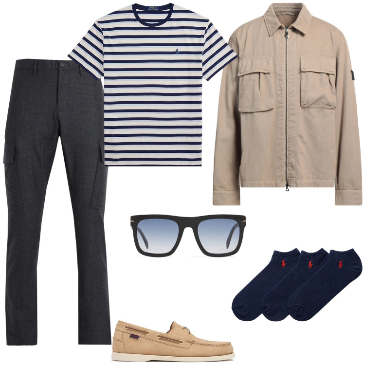 Outfit uomo - Impegni da sbrigare in città. Stile Urban per Tutti i giorni. Abbinamento con pantaloni cargo, giacche, calzini, t-shirt, occhiali da sole, scarpe stringate.