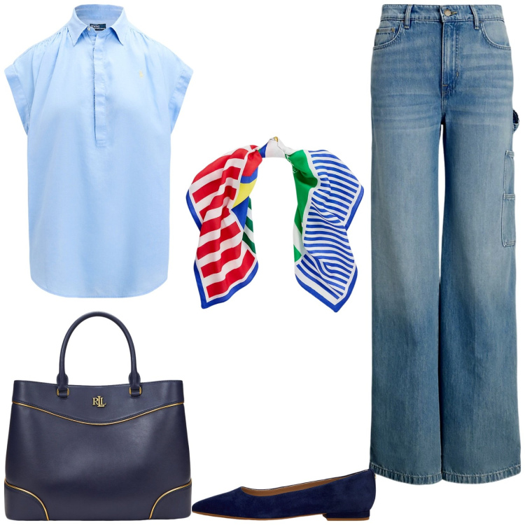 Outfit donna - Avenue des Champs-Élysées. Stile Casual chic per Tutti i giorni. Abbinamento con ballerine, camicie, borse a mano, jeans, foulard.