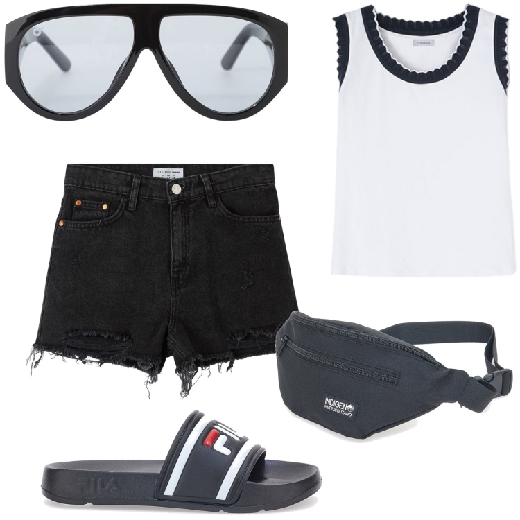 Outfit donna - Easy at home. Stile Basic per Tutti i giorni. Abbinamento con shorts, occhiali da sole, ciabatte, top, marsupi.