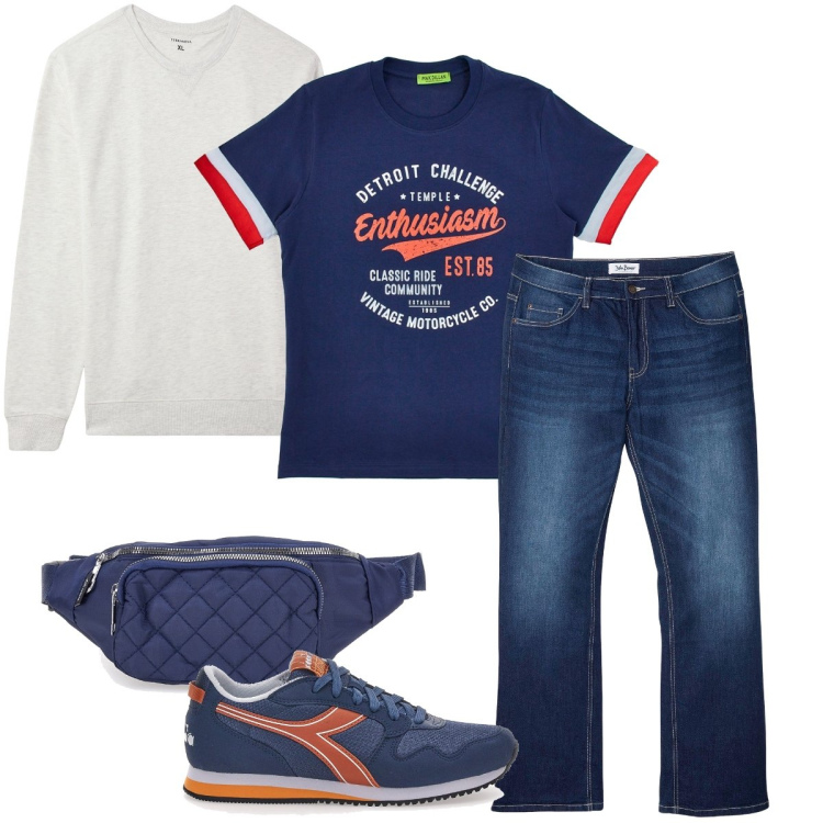 Outfit uomo - Layering casual. Stile Casual per Tutti i giorni. Abbinamento con jeans bootcut, felpe, borse sportive, sneakers, t-shirt.