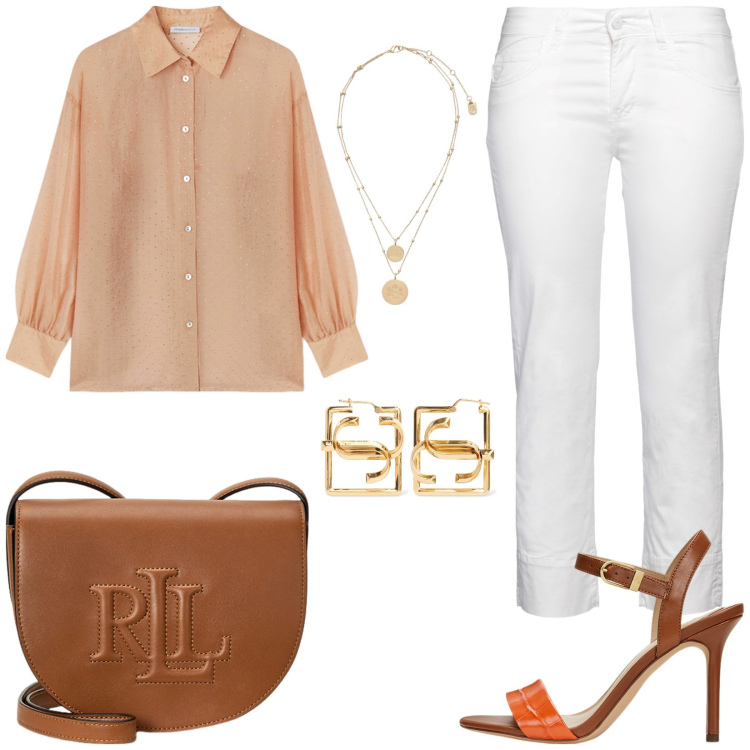 Outfit donna - Casual chic. Stile Casual chic per Tutti i giorni. Abbinamento con pantaloni, ciondoli, borse a tracolla, sandali in pelle, camicie, orecchini.