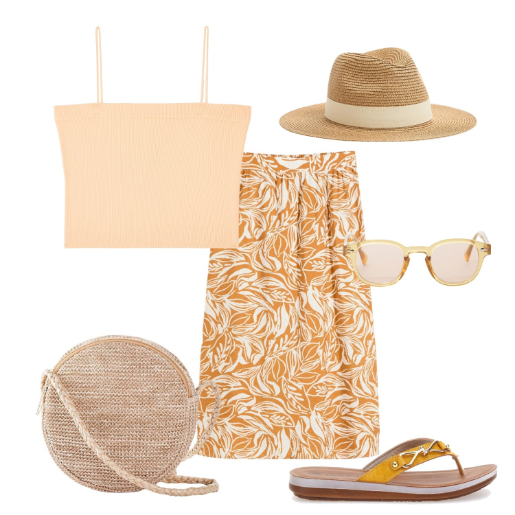 Outfit donna - Sole d’arancio. Stile Etnico per Mare. Abbinamento con borse a tracolla, gonne longuette, cappelli, canottiere, occhiali da sole, infradito.