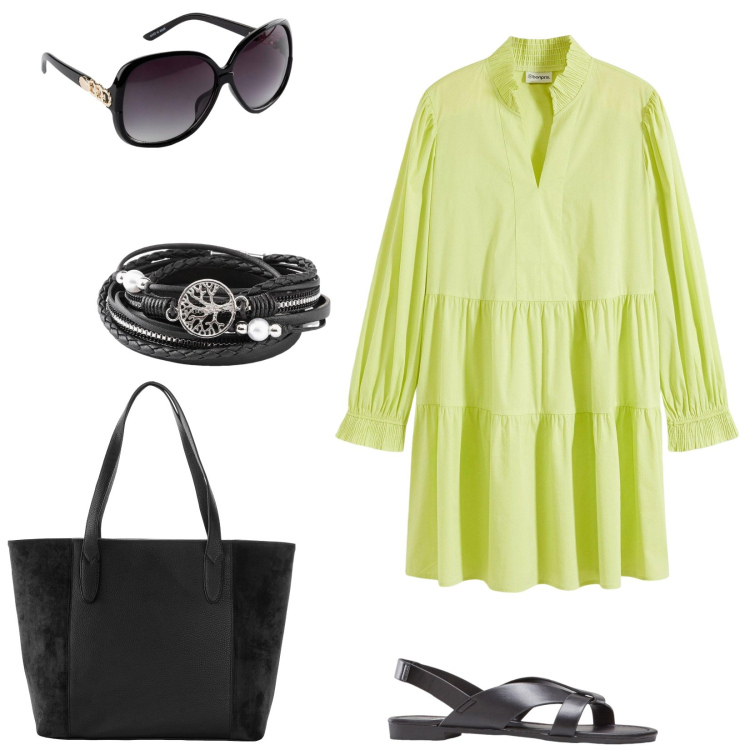 Outfit donna - Hot Summer Vibes. Stile Minimal per Tutti i giorni. Abbinamento con occhiali da sole, sandali, shopping bag, braccialetti, vestiti corti.
