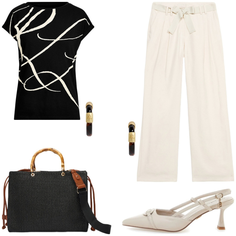 Outfit donna - T-shirt e décolleté. Stile Casual chic per Tutti i giorni. Abbinamento con orecchini, maglieria, décolleté, borse a mano, pantaloni a palazzo.