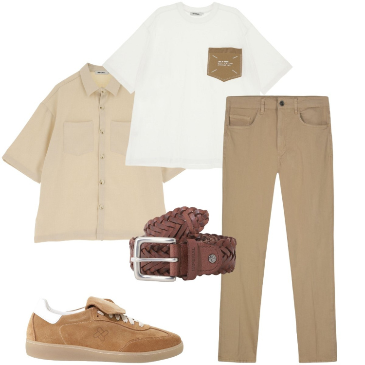 Outfit uomo - Layering safari. Stile Urban per Tutti i giorni. Abbinamento con t-shirt, sneakers, cinture, camicie a manica corta, pantaloni.