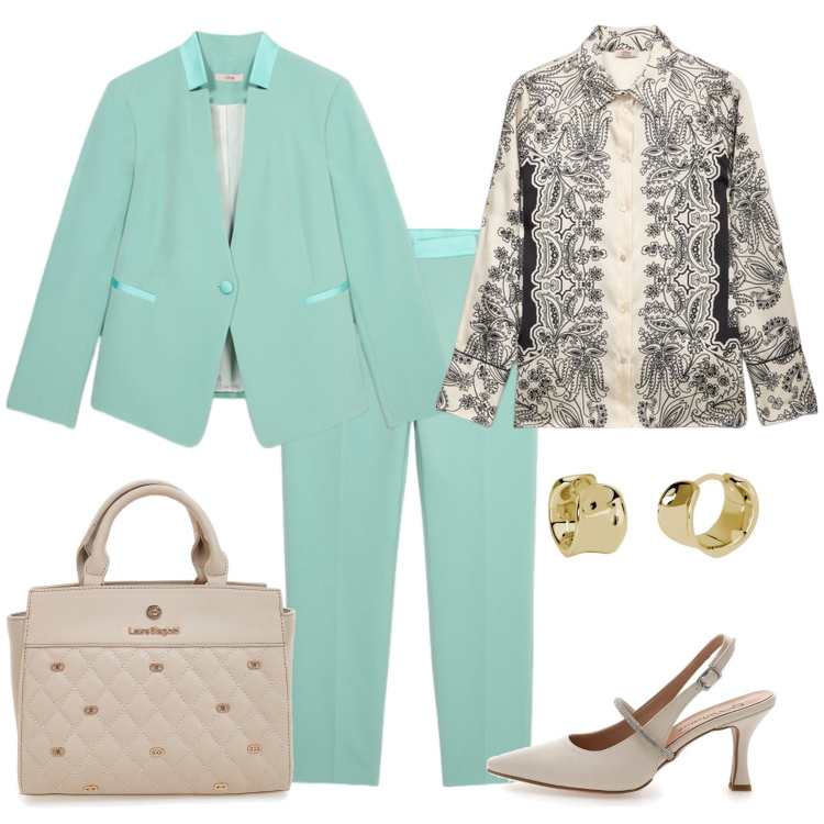 Outfit donna - Total look #2120945. Stile Chic per Ufficio. Abbinamento con orecchini, borse a mano, décolleté, camicie, pantaloni chino, blazer.