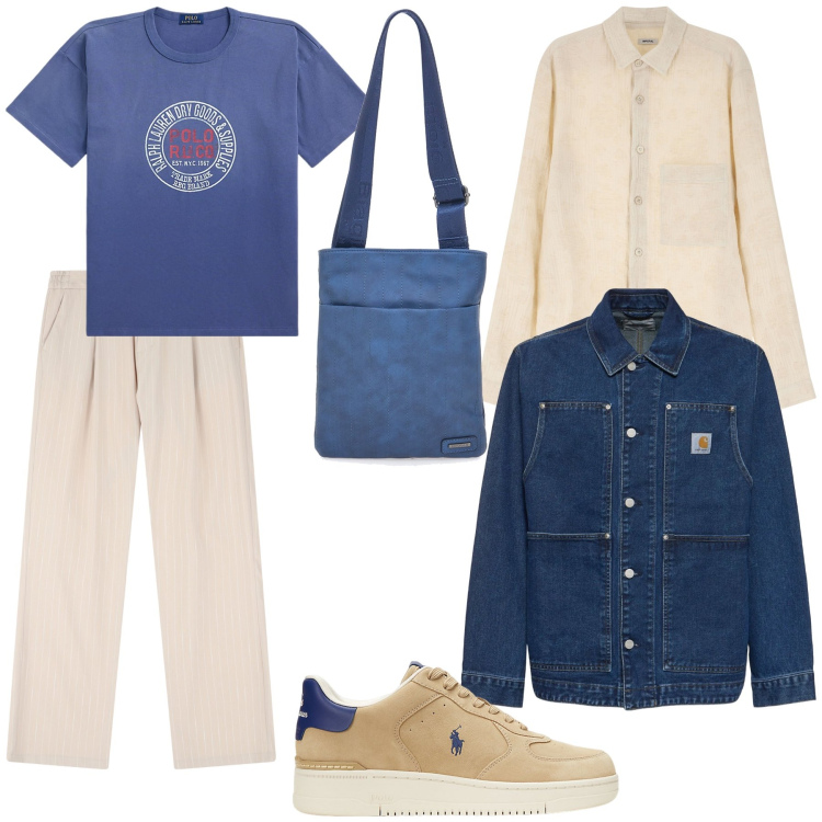 Outfit uomo - Vestito a “strati”. Stile Trendy per Ufficio. Abbinamento con pantaloni, camicie, sneakers, t-shirt, portafogli, giacche.