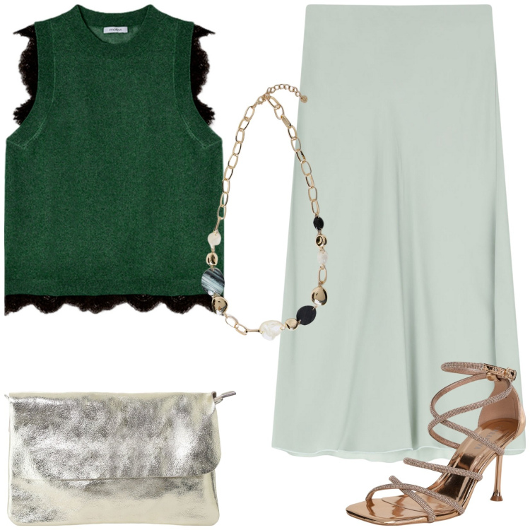 Outfit donna - Evento di giorno. Stile Chic per Cerimonia. Abbinamento con sandali col tacco, borse a tracolla, gonne lunghe, collane, top.