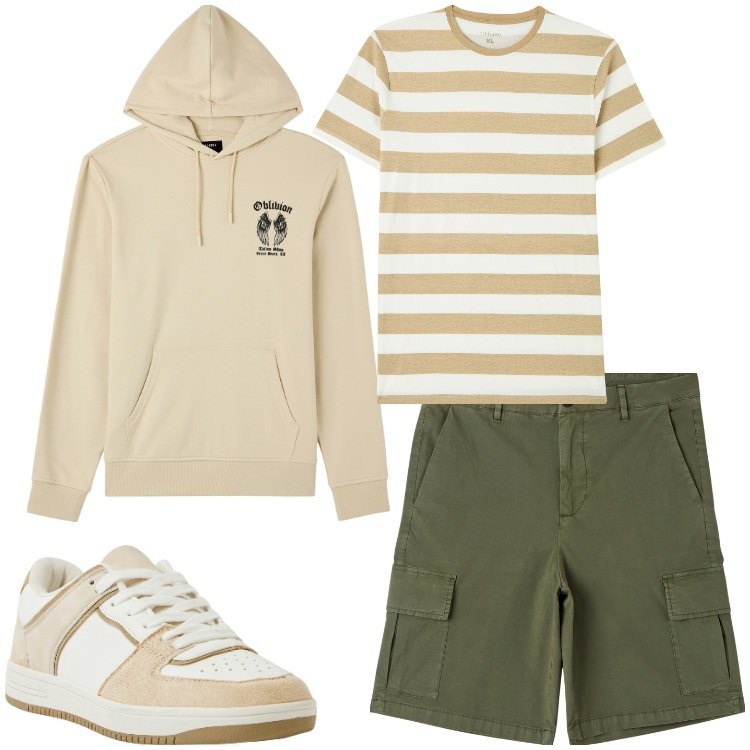 Outfit uomo - Bermuda cargo e righe. Stile Casual per Tutti i giorni. Abbinamento con felpe con cappuccio, t-shirt, bermuda, sneakers.