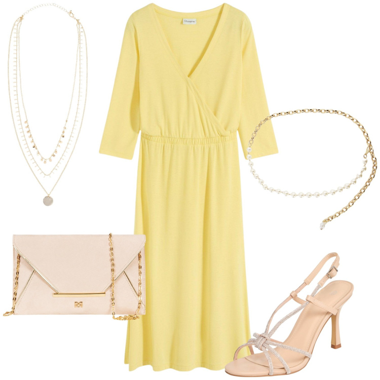 Outfit donna - Giallo burro e cipria!. Stile Chic per Cerimonia. Abbinamento con collane, vestiti, sandali col tacco, pochette, collane.