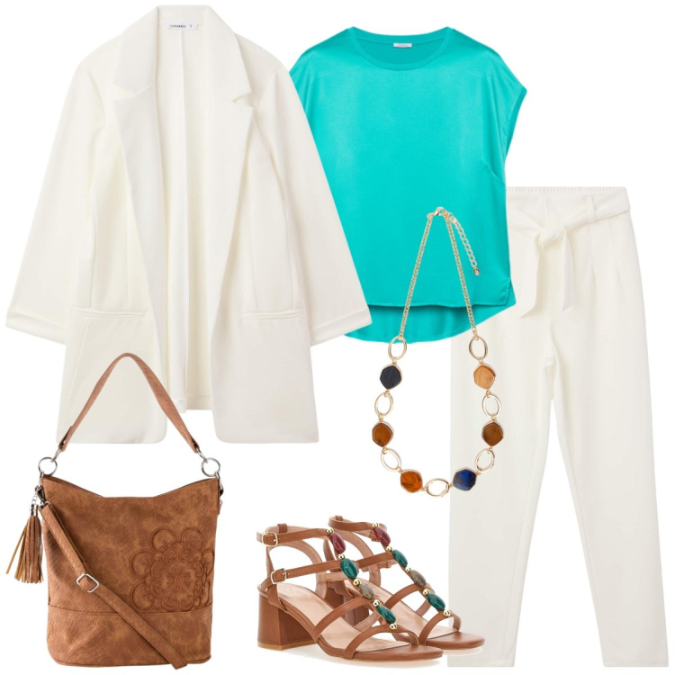 Outfit donna - In bianco. Stile Casual chic per Tutti i giorni. Abbinamento con borse a mano, pantaloni chino, blazer, sandali col tacco, collane, bluse.