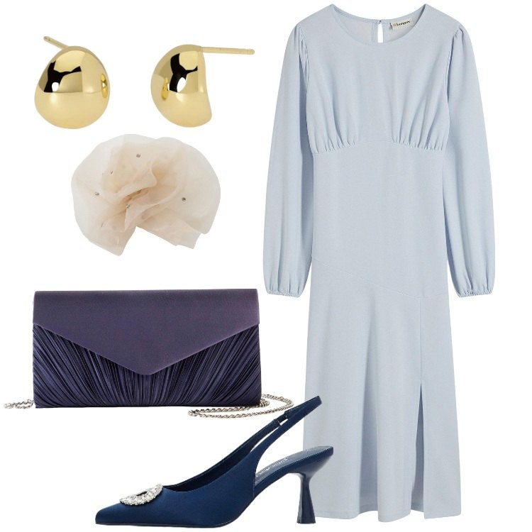 Outfit donna - Abito midi azzurro polvere. Stile Romantica per Cerimonia. Abbinamento con pochette, vestiti midi/longuette, décolleté, orecchini, foulard.
