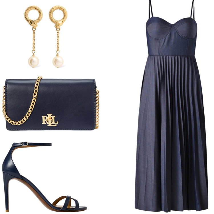 Outfit donna - Cerimonia in abito lungo. Stile Glamour per Cerimonia. Abbinamento con vestiti midi/longuette, borse a mano, sandali col tacco, orecchini.