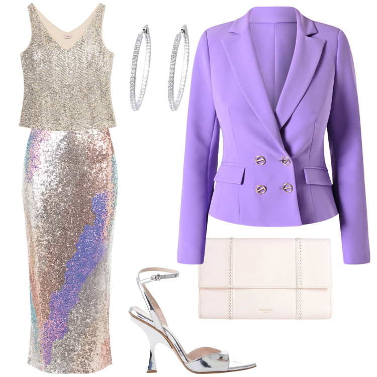 Outfit donna - Un tailleur fuoriclasse. Stile Bon Ton per Cerimonia. Abbinamento con borse a mano, décolleté, orecchini, gonne longuette, blazer, top.