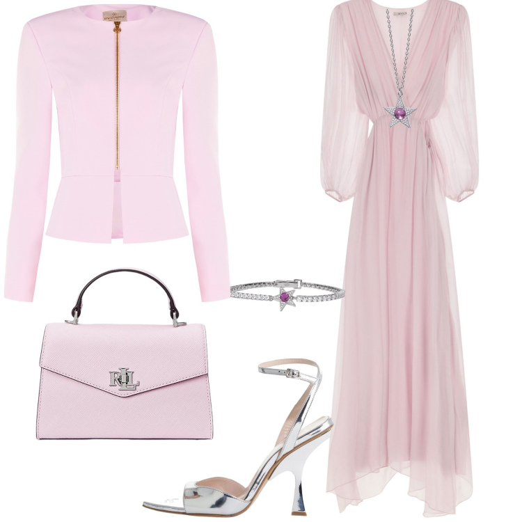 Outfit donna - Cerimonia primaverile. Stile Romantica per Cerimonia. Abbinamento con vestiti lunghi, décolleté, braccialetti, ciondoli, blazer, borse a mano.