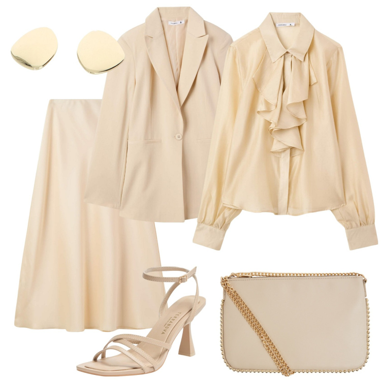 Outfit donna - Total look #2120966. Stile Bon Ton per Cerimonia. Abbinamento con camicie, borse a tracolla, gonne lunghe, blazer, sandali col tacco, orecchini.