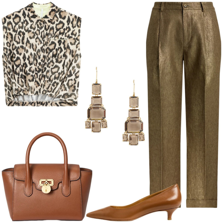 Outfit donna - Chic per l\'ufficio. Stile Casual chic per Ufficio. Abbinamento con camicie, borse a mano, orecchini, décolleté, pantaloni.