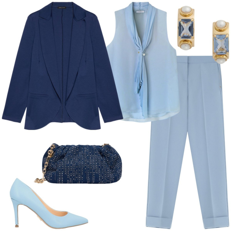 Outfit donna - Pranzo formale. Stile Chic per Tutti i giorni. Abbinamento con décolleté, pantaloni, orecchini, bluse, blazer, clutch.