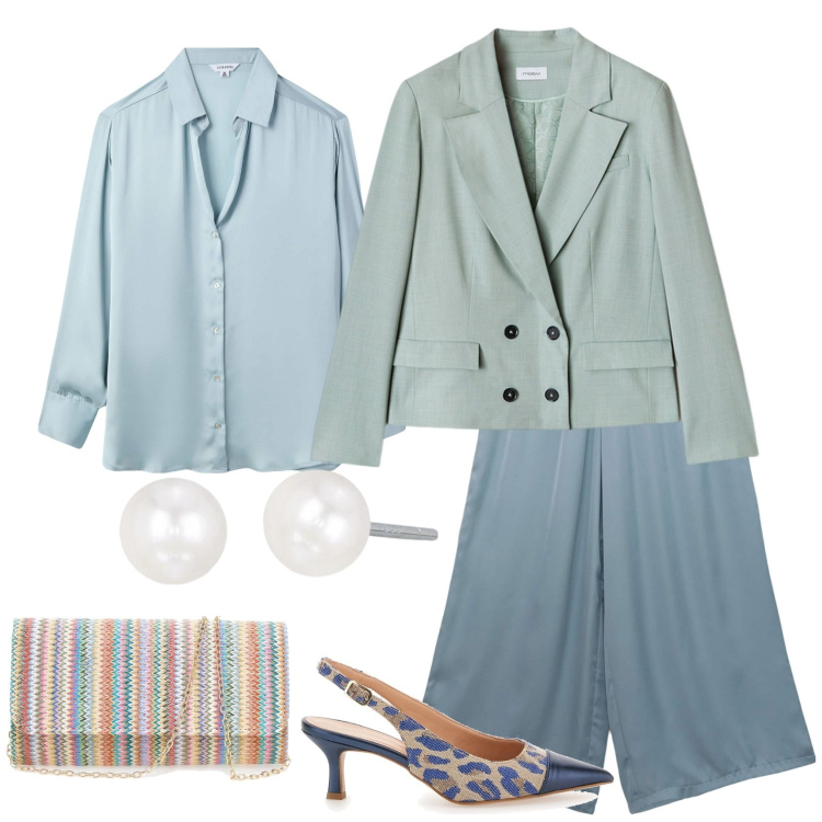 Outfit donna - Total look #2120974. Stile Casual chic per Ufficio. Abbinamento con pantaloni, camicie, orecchini, décolleté, blazer, pochette.