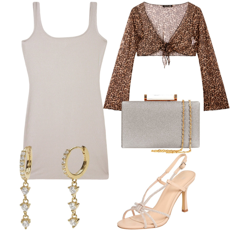 Outfit donna - Copri spalle animalier. Stile Glamour per Serata fuori. Abbinamento con bolero, vestiti corti, sandali col tacco, orecchini, clutch.