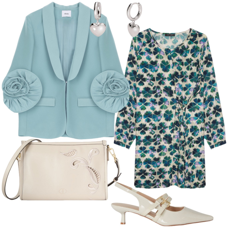 Outfit donna - Un vestito in fiore. Stile Chic per Cerimonia. Abbinamento con orecchini, blazer, vestiti corti, décolleté, borse a tracolla.