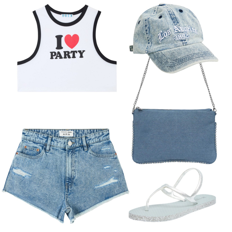 Outfit donna - Sognare le spiagge. Stile Basic per Mare. Abbinamento con canottiere, sandali, borse a tracolla, shorts, cappelli con visiera.