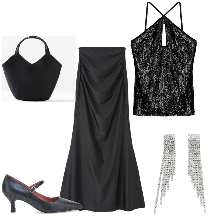 Outfit donna - Stasera si balla. Stile Glamour per Serata fuori. Abbinamento con borse a mano, gonne lunghe, top, orecchini, décolleté.