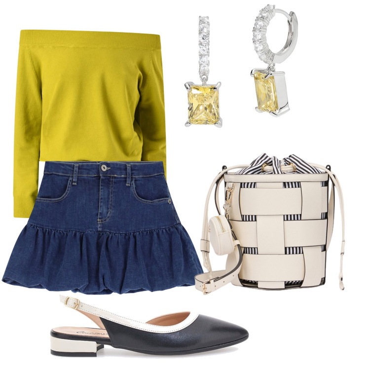 Outfit donna - Offshoulders. Stile Preppy per Tutti i giorni. Abbinamento con orecchini, maglieria, minigonne, ballerine, borse a secchiello.