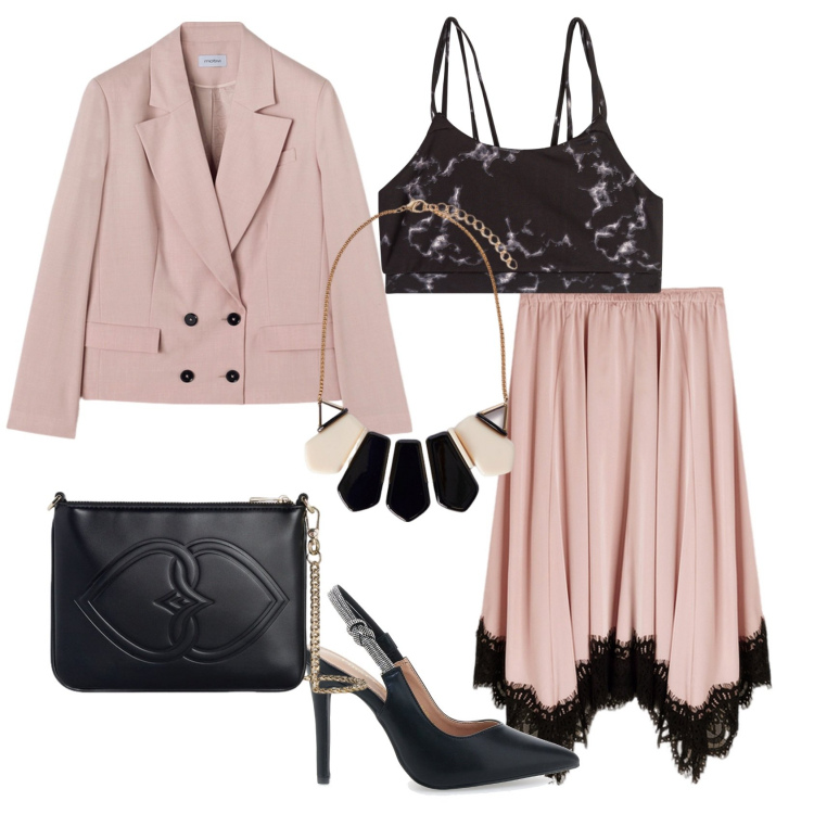 Outfit donna - Total look #2120987. Stile Chic per Serata fuori. Abbinamento con canottiere, décolleté, gonne, collane, pochette, blazer.