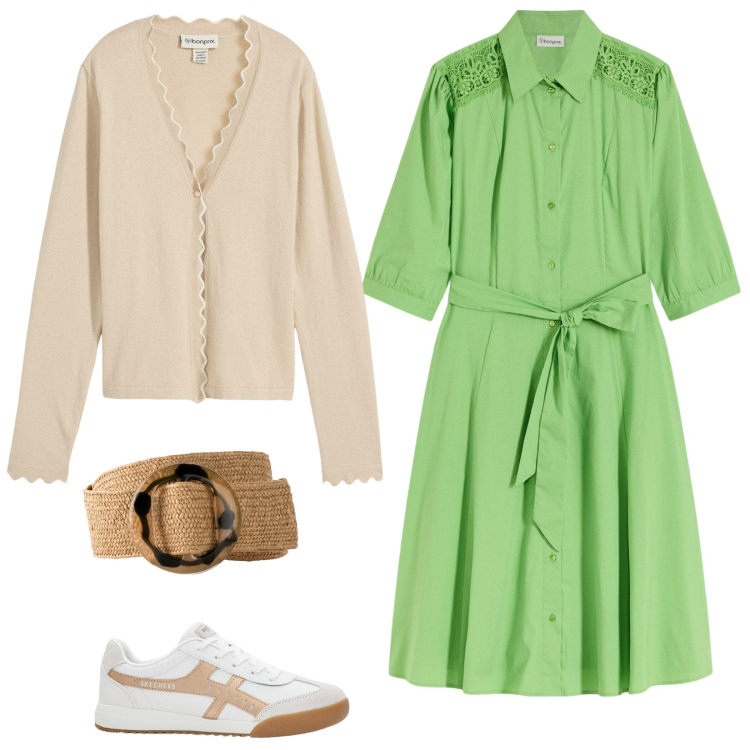 Outfit donna - Il vestito verde lime. Stile Casual per Ufficio. Abbinamento con sneakers, cinture, vestiti chemisier, cardigans.