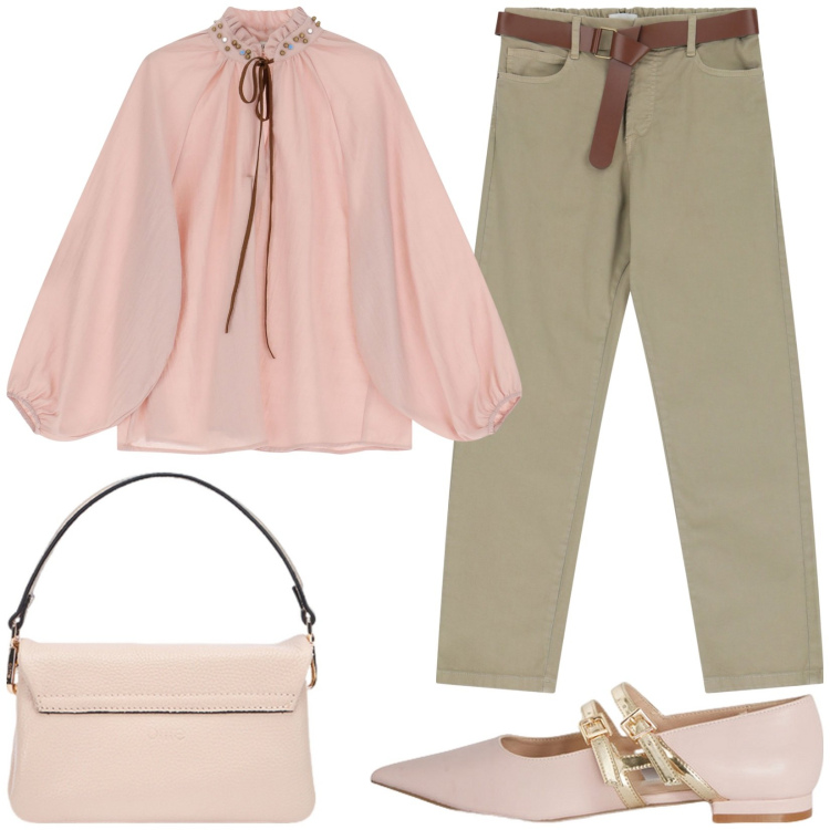 Outfit donna - Rosa pastello e Verde. Stile Casual chic per Tutti i giorni. Abbinamento con pantaloni, bluse, ballerine, borse a tracolla.