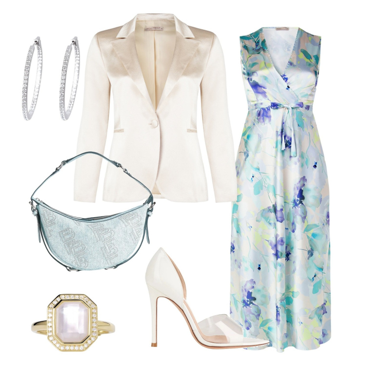 Outfit donna - Total look #2120995. Stile Glamour per Cerimonia. Abbinamento con décolleté, borse a mano, orecchini, anelli, vestiti lunghi, blazer.