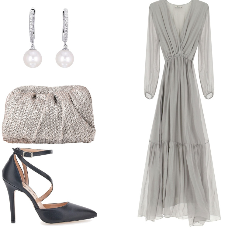 Outfit donna - Abito in tulle. Stile Chic per Serata fuori. Abbinamento con orecchini, clutch, vestiti lunghi, décolleté.