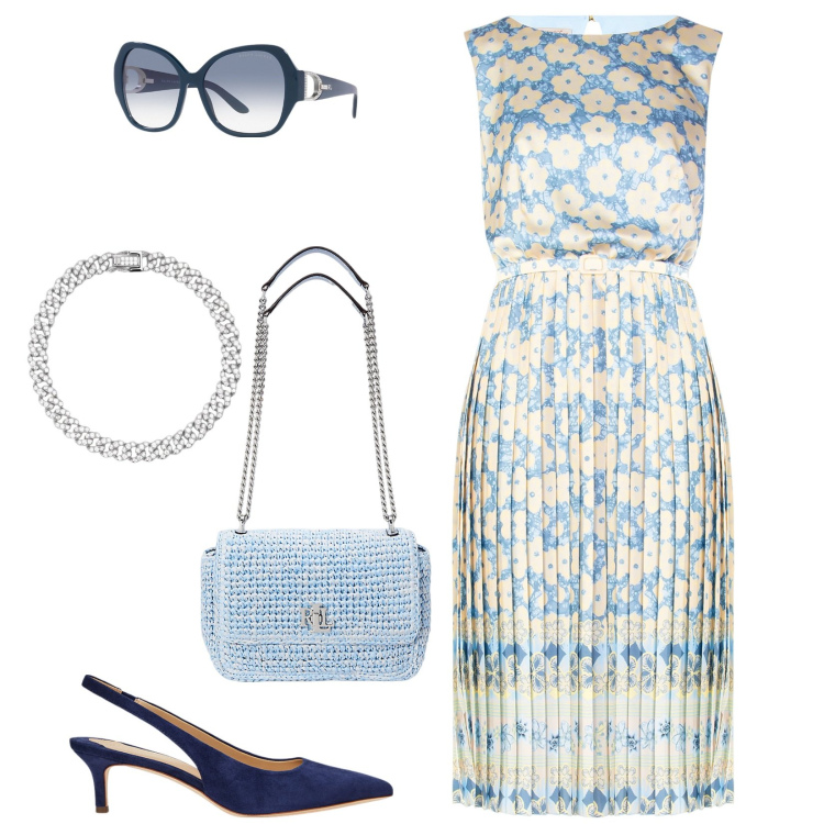 Outfit donna - Il delizioso abito. Stile Chic per Cerimonia. Abbinamento con vestiti midi/longuette, braccialetti, borse a spalla, occhiali da sole, décolleté.