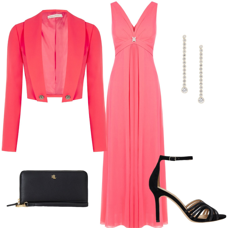 Outfit donna - Cerimonia corallo. Stile Chic per Cerimonia. look ideale per Tall. Abbinamento con vestiti lunghi, bolero, sandali in pelle, orecchini, pochette.