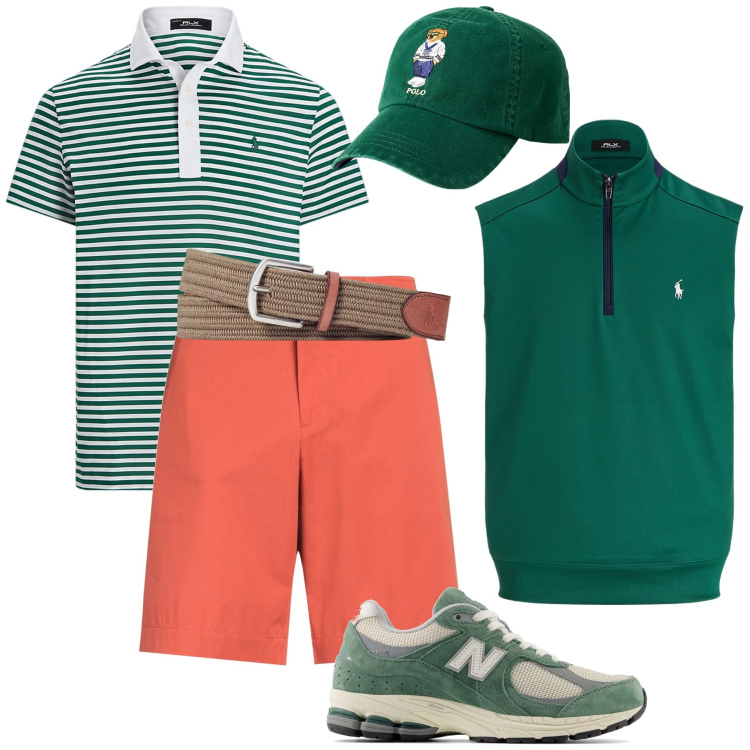 Outfit uomo - Una mise a colori. Stile Trendy per Tutti i giorni. Abbinamento con shorts, sneakers, cinture, gilet, polo, cappelli.
