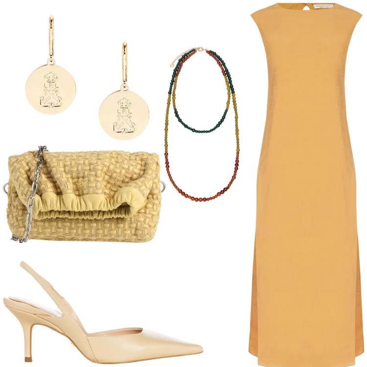 Outfit donna - Elegante in arancione. Stile Chic per Cerimonia. Abbinamento con borse a tracolla, vestiti senza maniche, décolleté, orecchini, ciondoli.