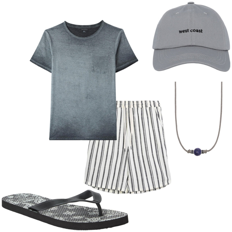 Outfit uomo - Al mare. Stile Casual per Mare. Abbinamento con t-shirt, sandali, cappelli con visiera, pantaloni corti, collane.