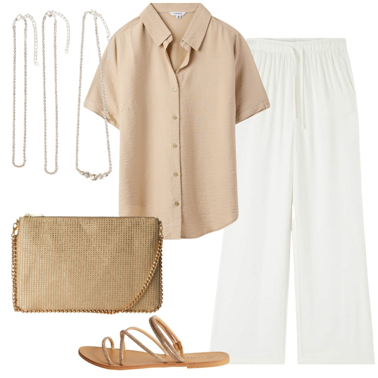 Outfit donna - Lino con tocco glam. Stile Minimal per Tutti i giorni. Abbinamento con pantaloni, borse a tracolla, camicie a manica corta, sandali, collane.