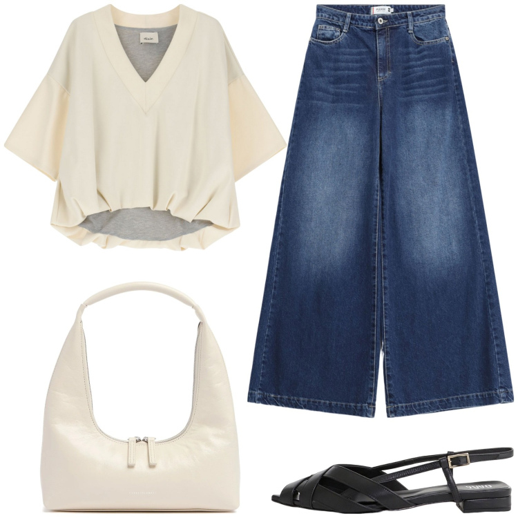 Outfit donna - Slingback e jeans. Stile Casual chic per Tutti i giorni. Abbinamento con jeans, sandali, t-shirt, borse a spalla.