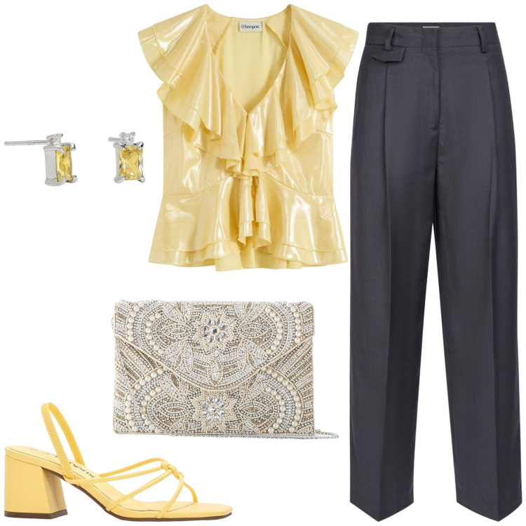 Outfit donna - Giallo e grigio!. Stile Chic per Cerimonia. Abbinamento con pochette, sandali col tacco, bluse, orecchini, pantaloni.