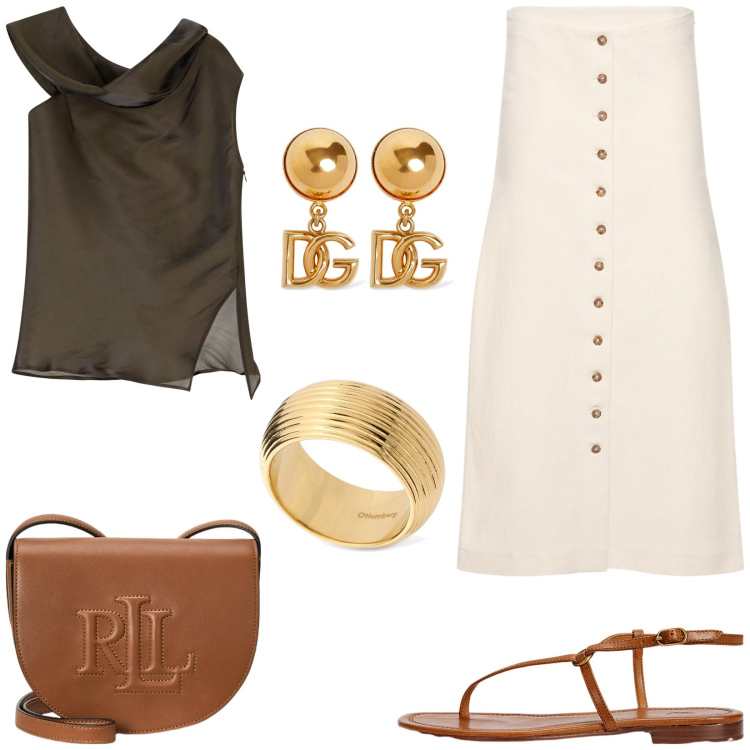 Outfit donna - Gonna longuette. Stile Casual chic per Tutti i giorni. Abbinamento con top, borse a tracolla, sandali in pelle, anelli, orecchini, gonne longuette.