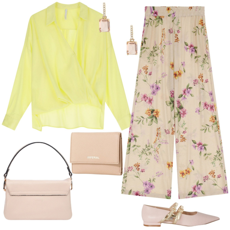 Outfit donna - Giallo burro romantico. Stile Romantica per Tutti i giorni. Abbinamento con pantaloni, portafogli, bluse, orecchini, borse a tracolla, ballerine.